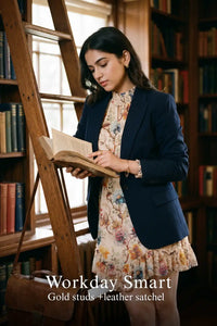 Woman in Pretty Pixie ivory floral smocked-neck tie-waist mini dress styled for a workday smart 5