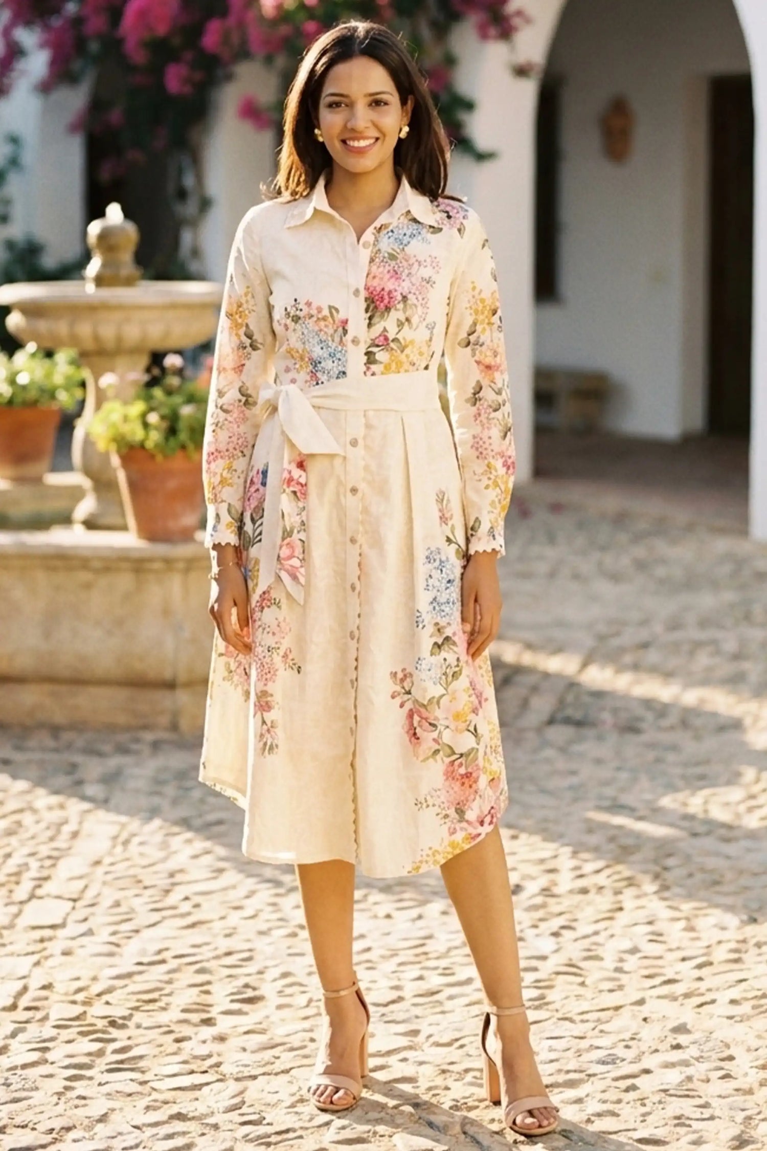 Woman in ivory cream floral belted shirt midi dress with tie waist smiling in sunlit courtyard with stone fountain and bougainvillea - Pretty Pixie daywear