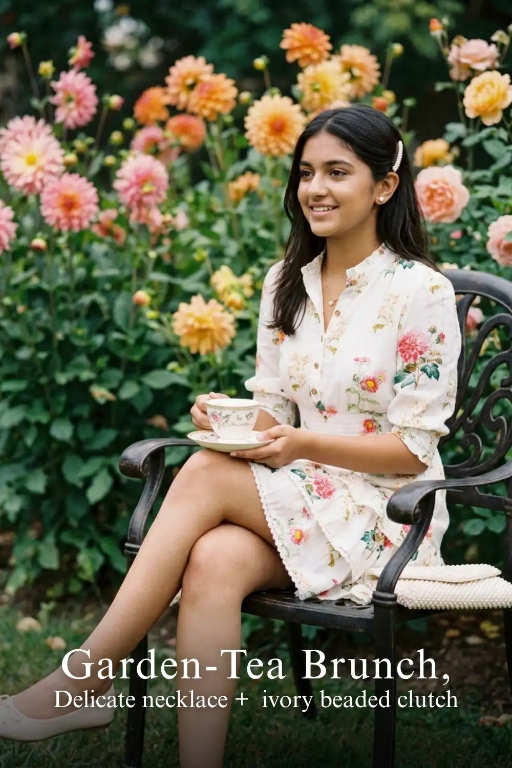 Woman in Pretty Pixie ivory floral dahlia belle tiered ruffle mini dress styled for a garden tea brunch