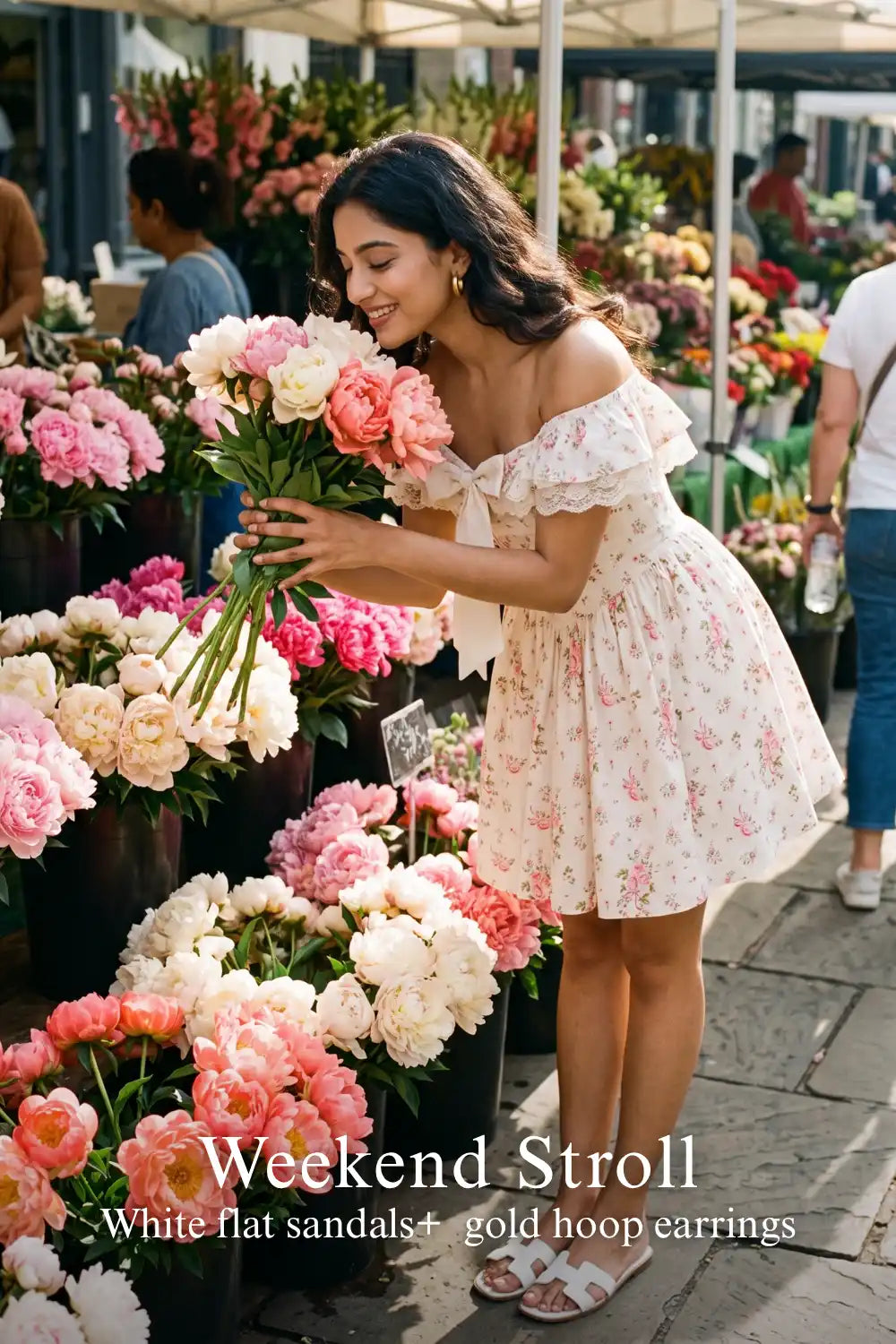 Pretty Pixie ivory floral lace-trim off-shoulder mini dress for weekend stroll.