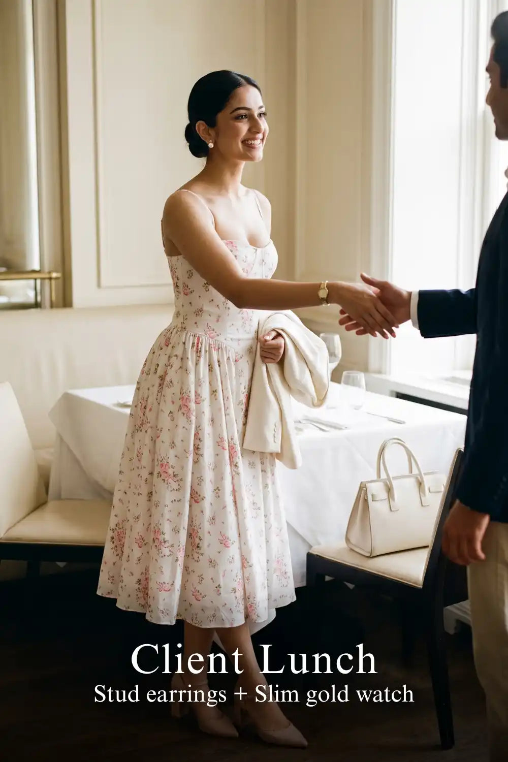 Pretty Pixie ivory floral bustier strap cotton midi dress for client lunch.