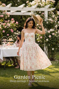 Pretty Pixie ivory floral bustier strap cotton midi dress for garden picnic.