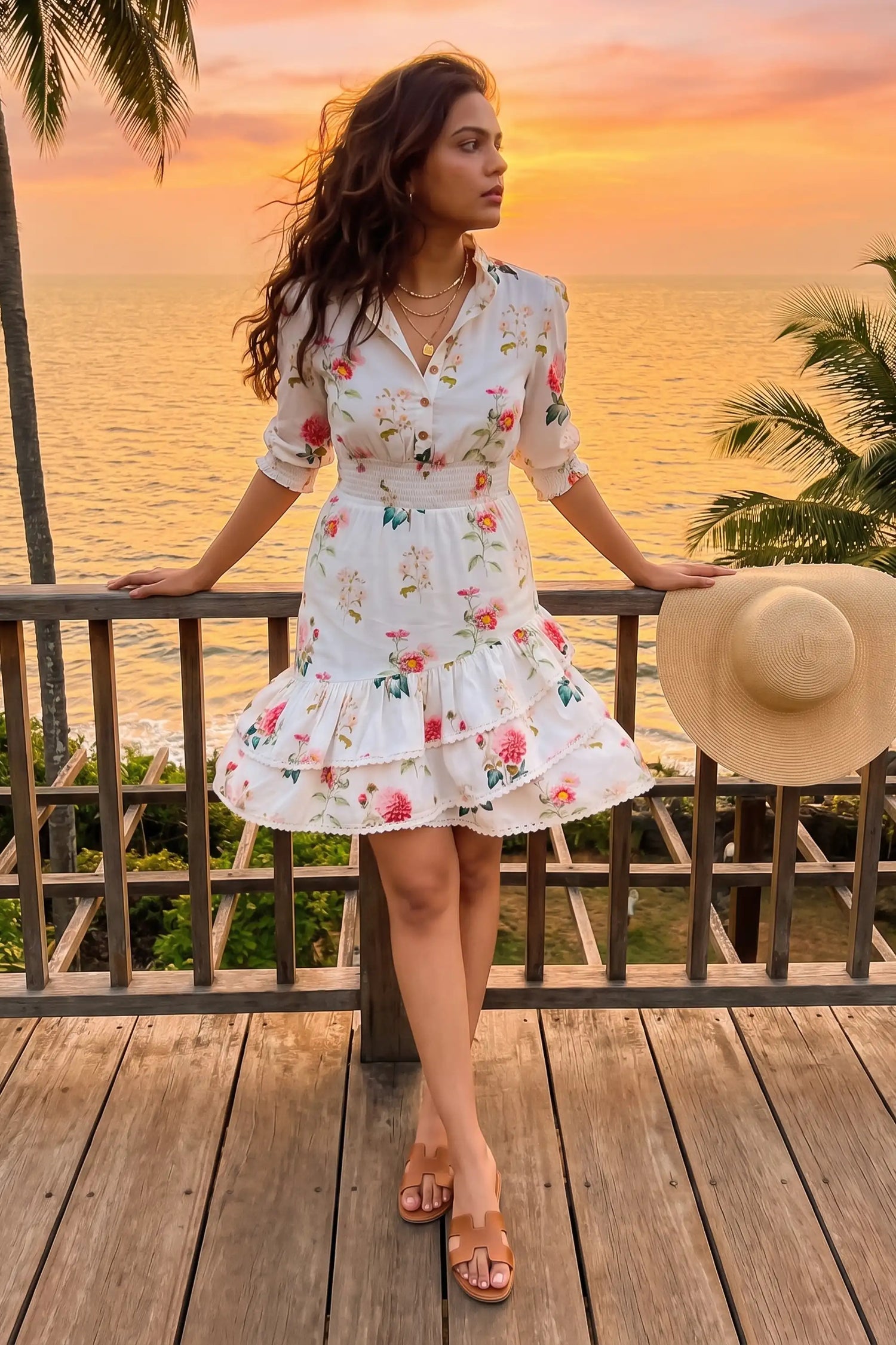 Woman in ivory floral Dahlia Belle tiered ruffle mini dress with straw hat leaning on beach deck railing at sunset - Pretty Pixie resort wear