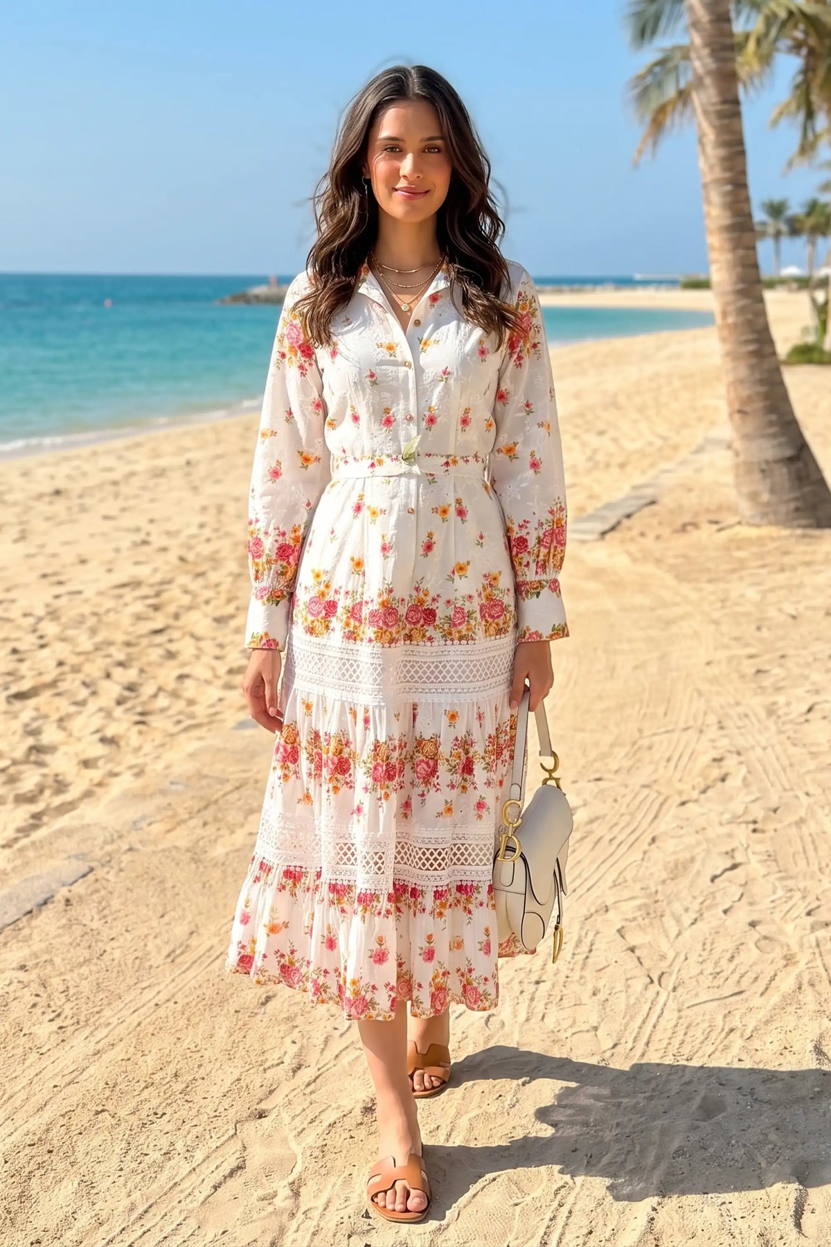 oman standing on a tropical beach wearing Pretty Pixie's ivory floral lace-panel belted shirt midi dress with collared button placket and long sleeves