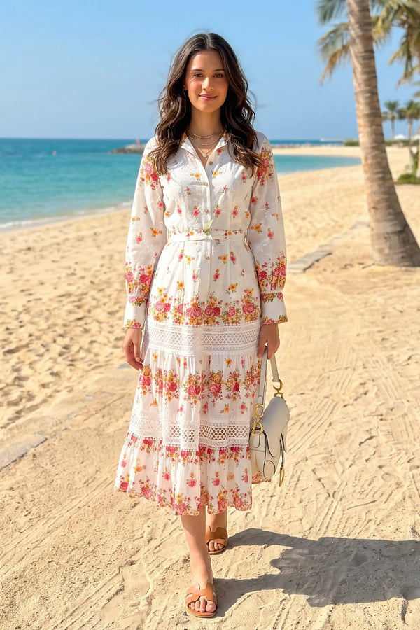 Ivory Floral Lace-Panel Belted Shirt Midi Dress — view 1