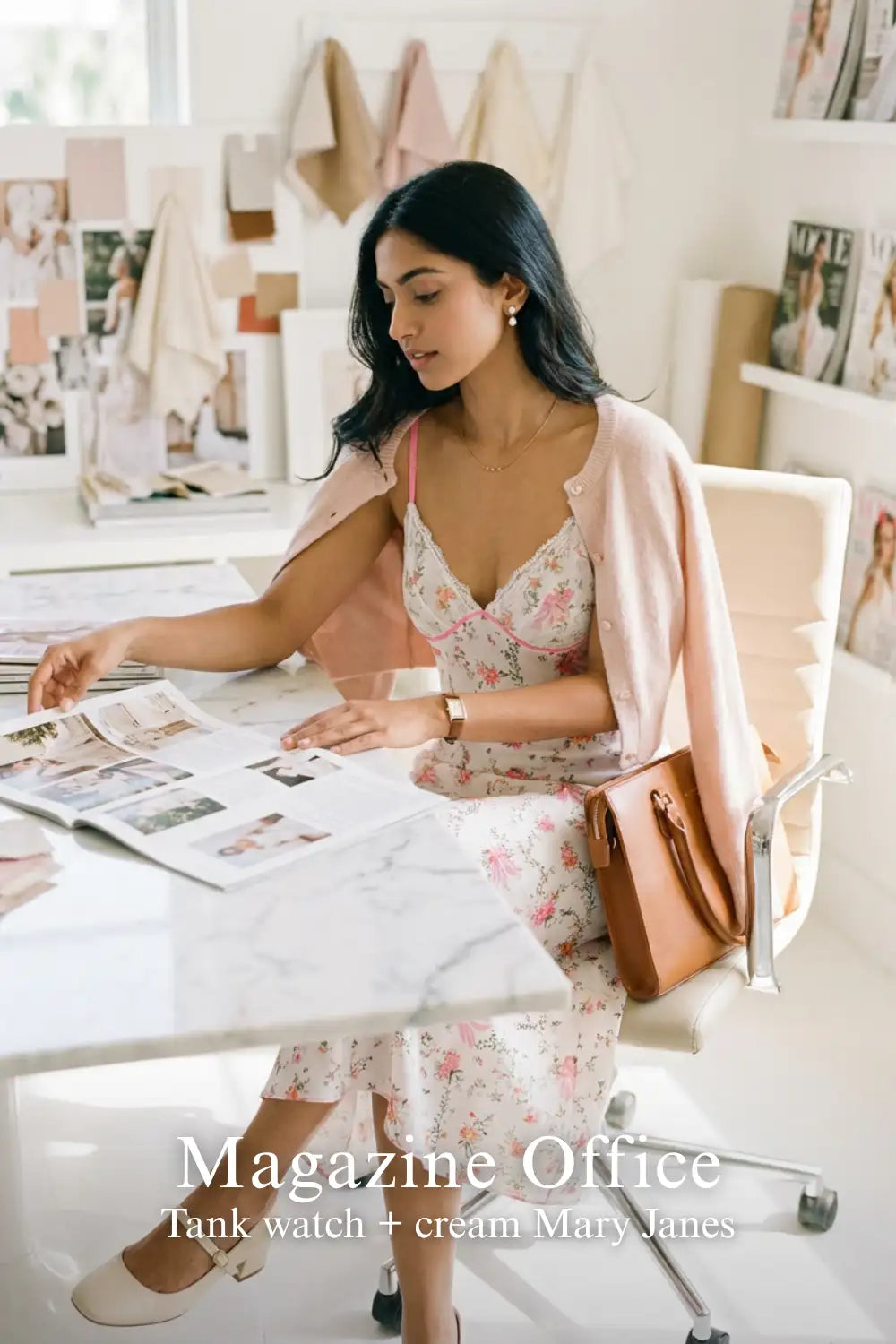 Pretty Pixie white floral bow print lace bustier slip dress for magazine office.