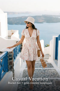 Pretty Pixie ivory floral tie-neck cap-sleeve mini dress for casual vacation.