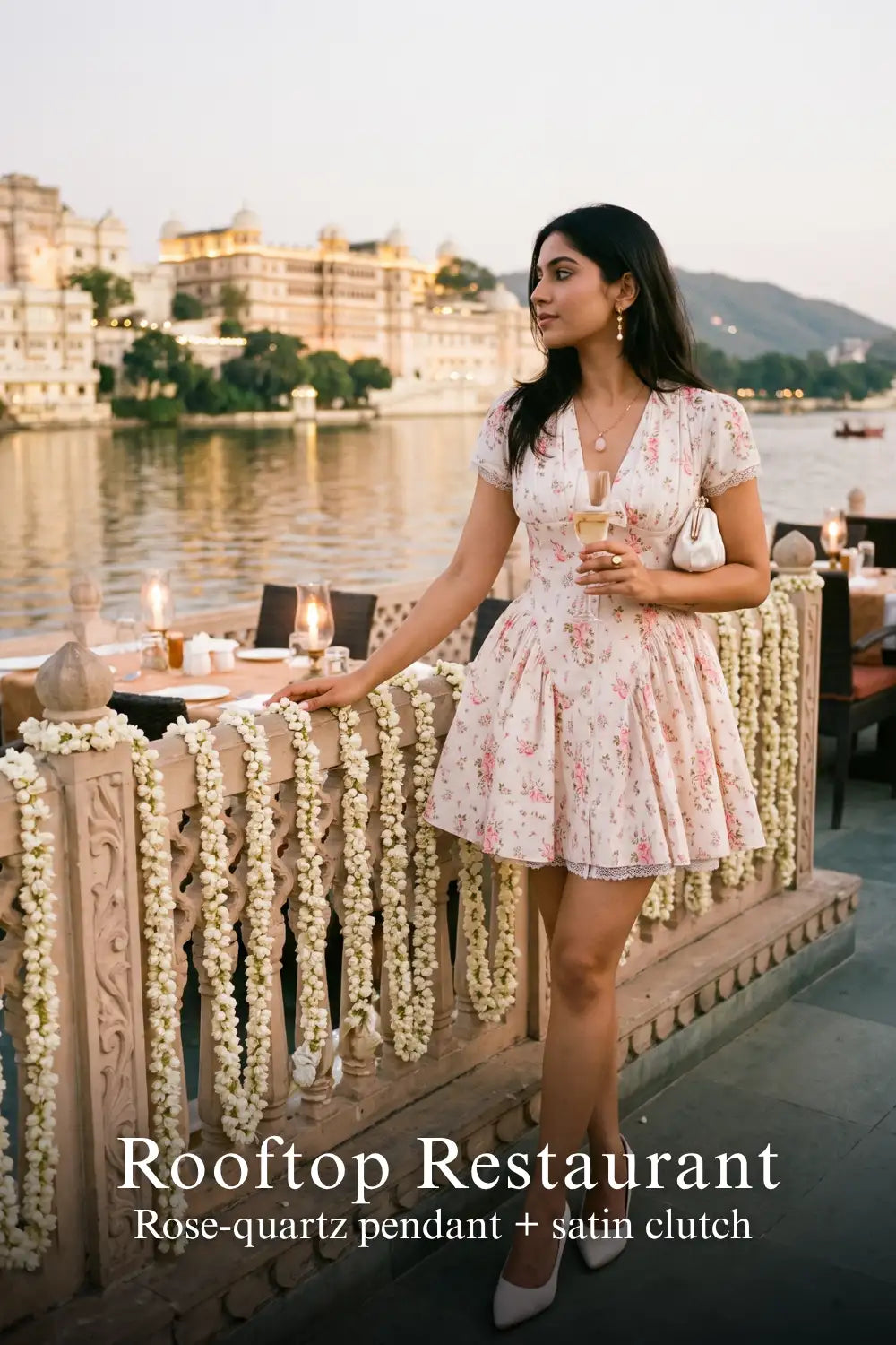 Pretty Pixie ivory floral tie-neck cap-sleeve mini dress for rooftop restaurant.