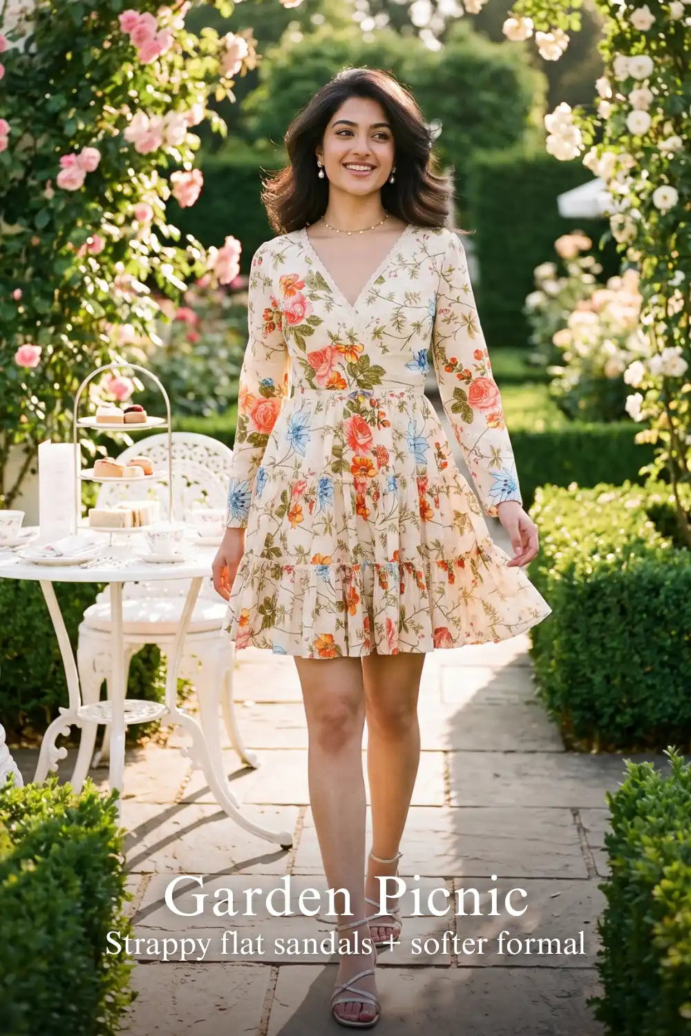 Woman in Pretty Pixie ivory floral v-neck tiered mini dress styled for a garden picnic