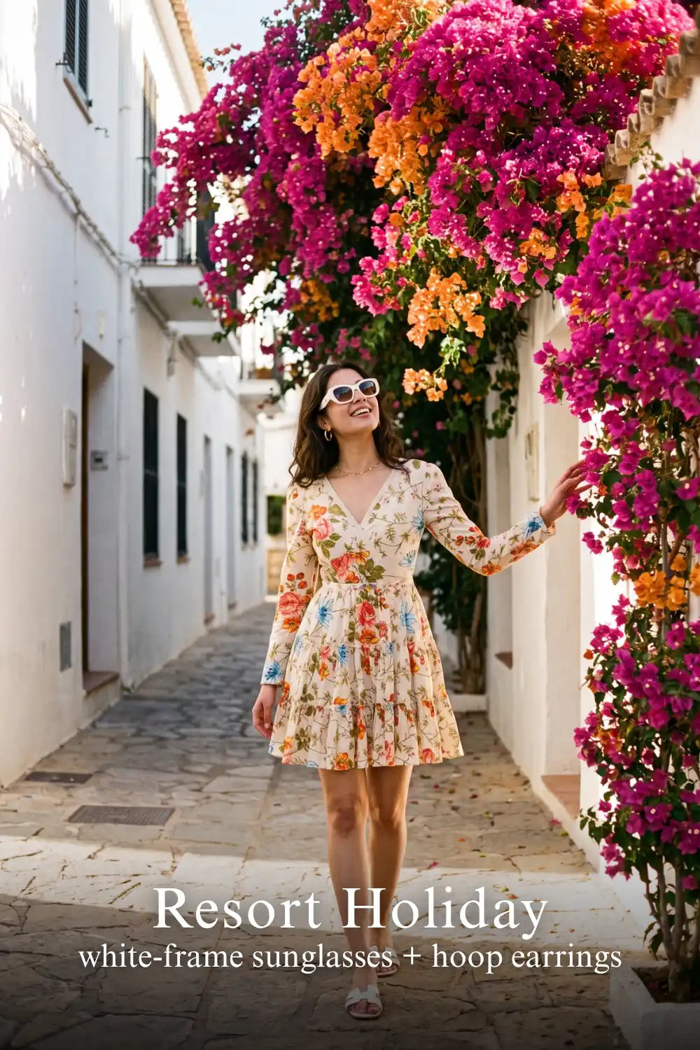 Woman in Pretty Pixie ivory floral v-neck tiered mini dress styled for a resort holiday
