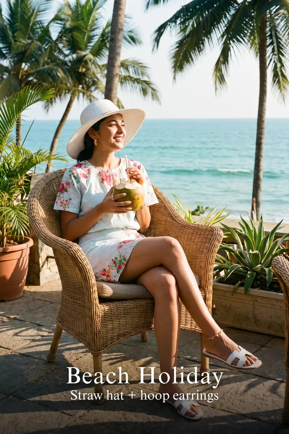 Woman in Pretty Pixie powder blue floral tie-waist mini dress styled for a beach holiday 3