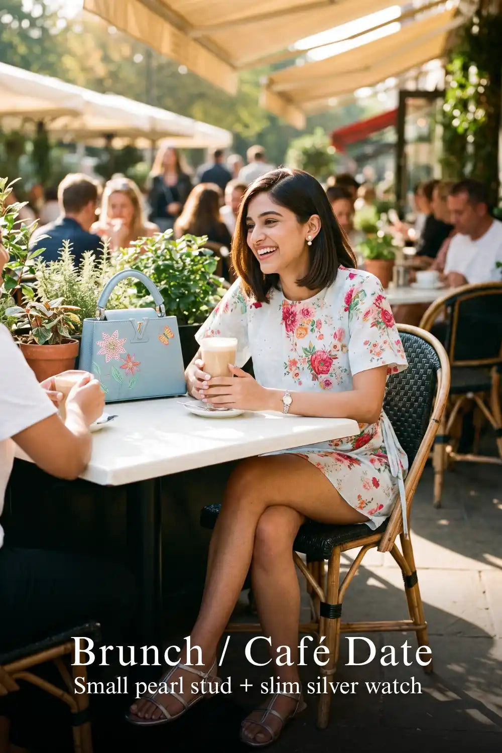 Woman in Pretty Pixie powder blue floral tie-waist mini dress styled for a brunch cafe date