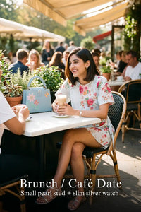 Woman in Pretty Pixie powder blue floral tie-waist mini dress styled for a brunch cafe date