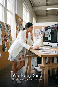 Woman in Pretty Pixie powder blue floral tie-waist mini dress styled for a workday smart 2