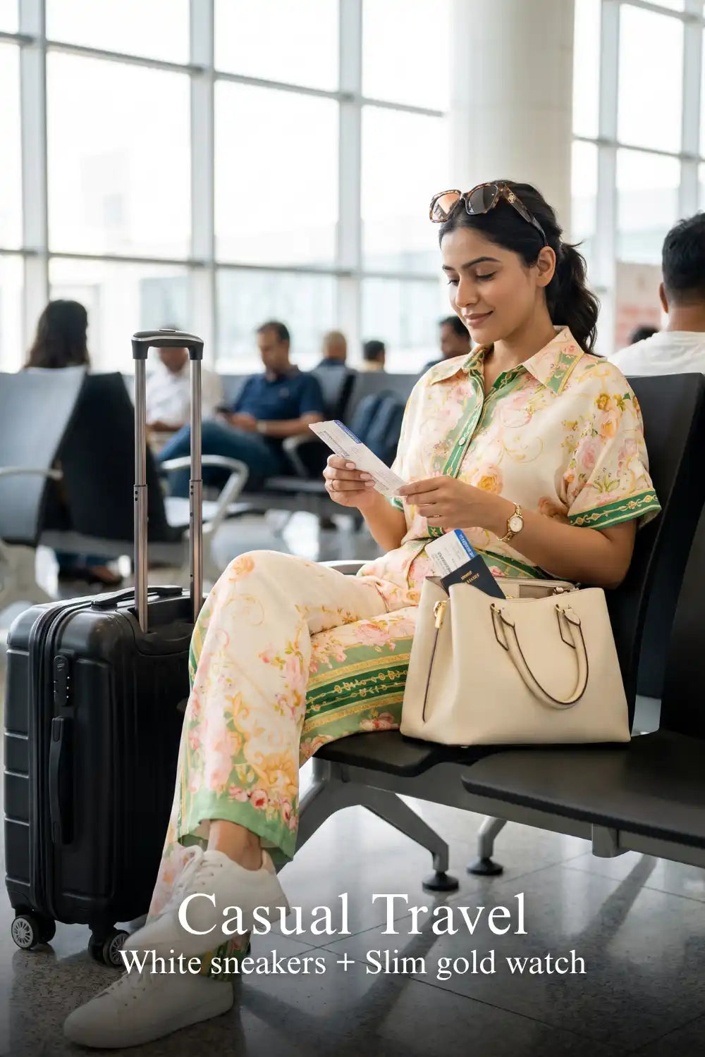 Woman in Pretty Pixie ivory & green floral co-ord set styled for a casual travel