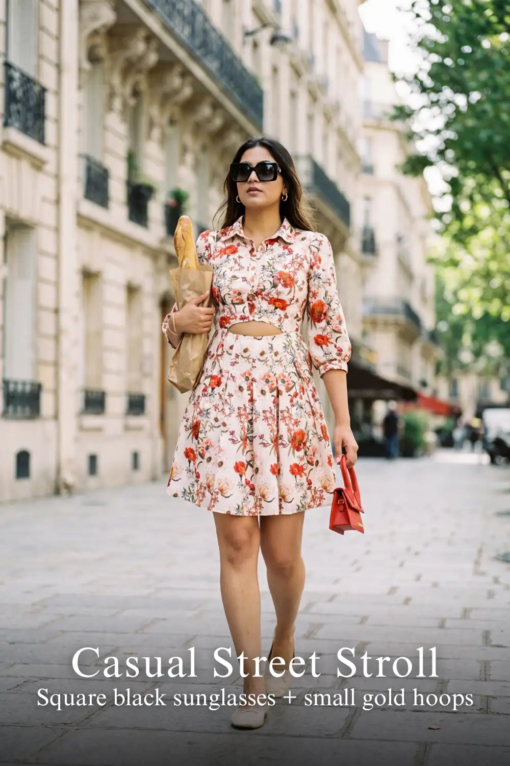 Woman in Pretty Pixie ivory floral cotton button-down belted mini dress styled for a casual street stroll