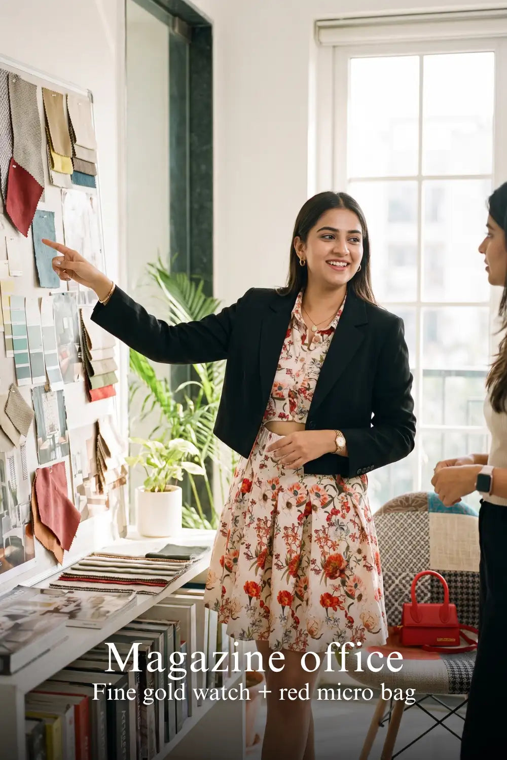 Woman in Pretty Pixie ivory floral cotton button-down belted mini dress styled for a magazine office