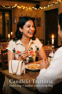 Woman in Pretty Pixie ivory rose print belted shirt mini dress styled for a candlelit trattoria