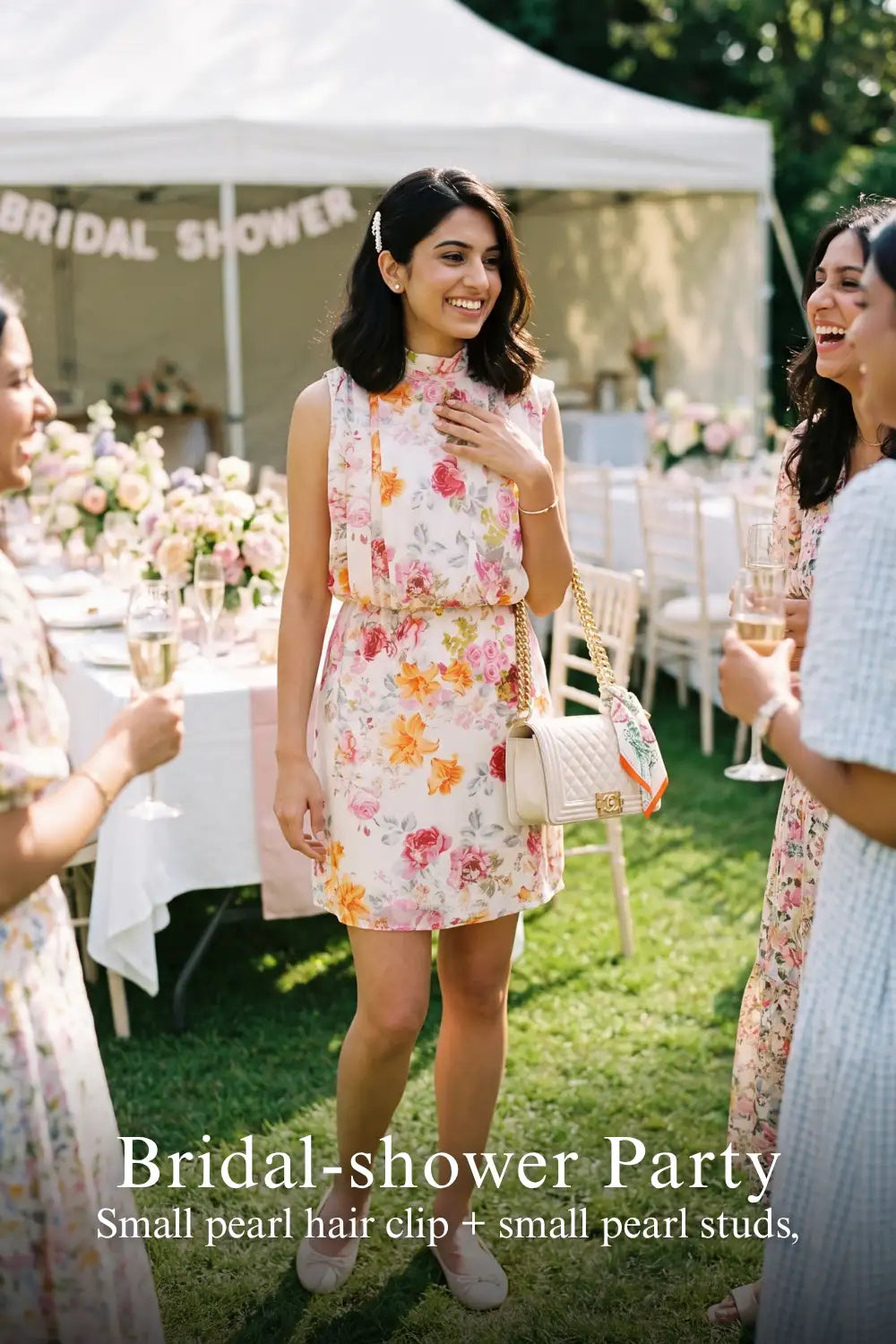 Pretty Pixie ivory sleeveless high-neck floral mini dress styled for a bridal shower party