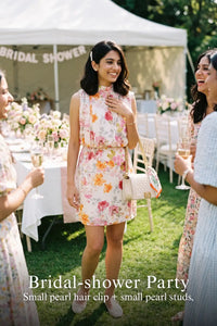 Pretty Pixie ivory sleeveless high-neck floral mini dress styled for a bridal shower party