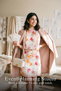 Pretty Pixie ivory sleeveless high-neck floral mini dress styled for an event planning studio day