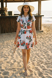 Ivory Rose Print Belted Shirt Mini Dress