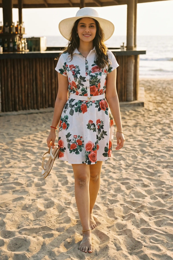 Ivory Rose Print Belted Shirt Mini Dress — view 1