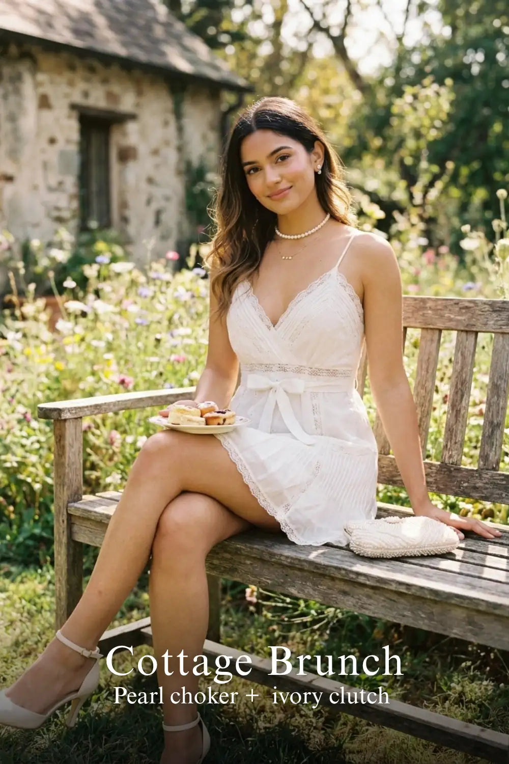 Pretty Pixie ivory silk lace-trim pleated wrap v-neck dress for cottage brunch.