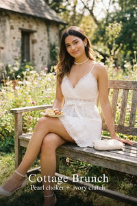 Pretty Pixie ivory silk lace-trim pleated wrap v-neck dress for cottage brunch.
