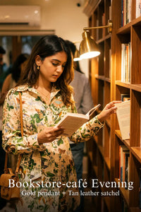 Woman in Pretty Pixie tropical ivory floral fauna wrap mini cotton dress styled for a bookstore cafe evening