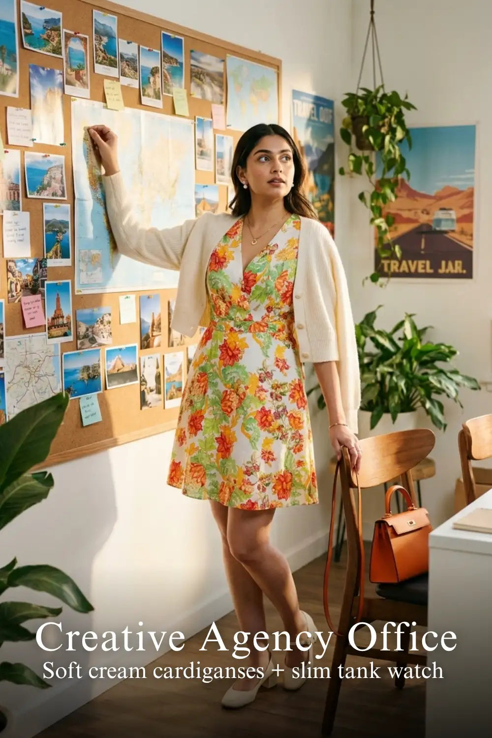 Woman in Pretty Pixie ivory floral puff-sleeve belted mini dress styled for a creative agency office