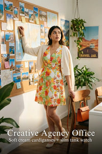 Woman in Pretty Pixie ivory floral puff-sleeve belted mini dress styled for a creative agency office