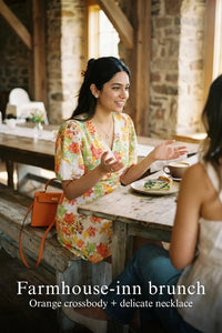 Woman in Pretty Pixie ivory floral puff-sleeve belted mini dress styled for a farmhouse inn brunch