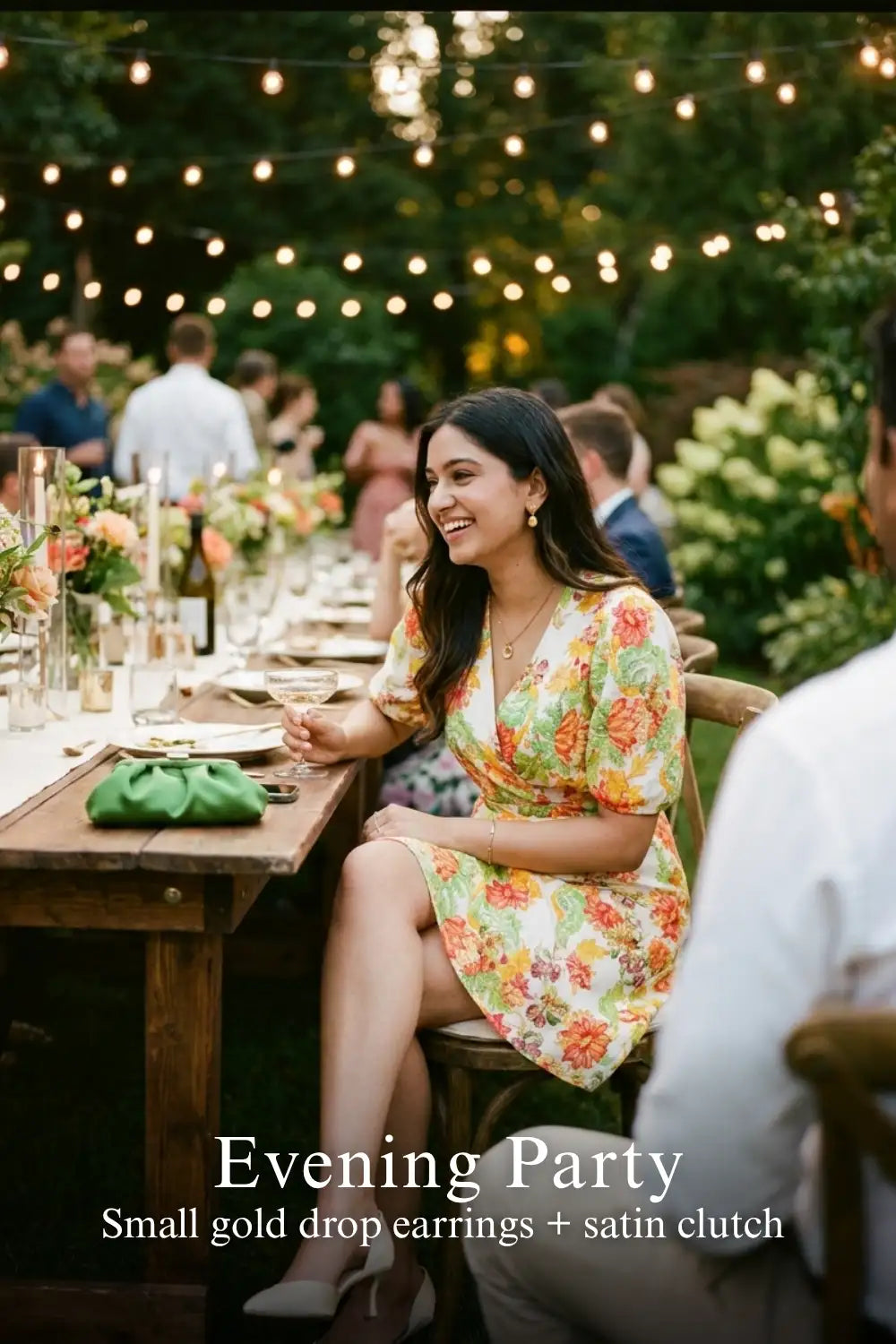 Woman in Pretty Pixie ivory floral puff-sleeve belted mini dress styled for an evening party