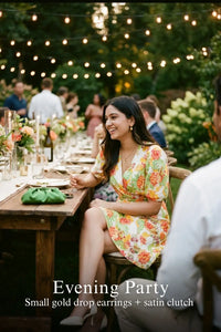 Woman in Pretty Pixie ivory floral puff-sleeve belted mini dress styled for an evening party