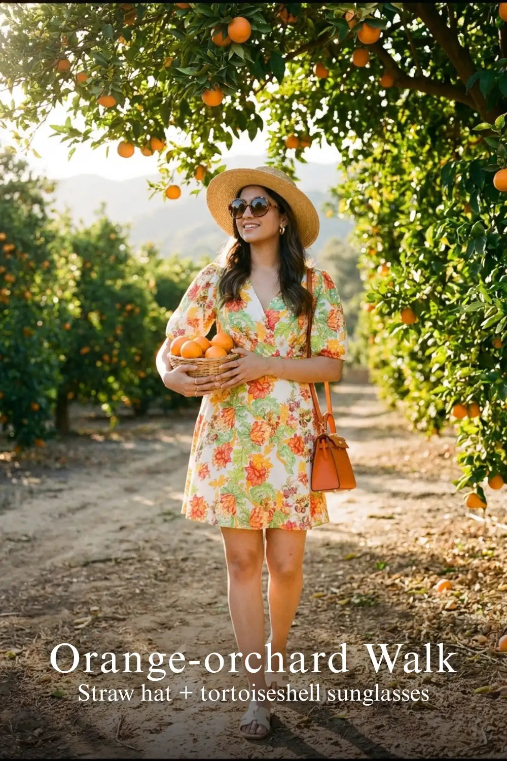 Woman in Pretty Pixie ivory floral puff-sleeve belted mini dress styled for an orange orchard walk