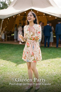 Pretty Pixie ivory floral button-front belted mini dress styled for a garden party