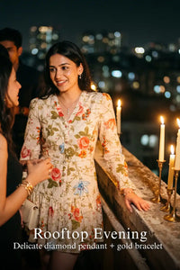 Pretty Pixie ivory floral button-front belted mini dress styled for a rooftop evening