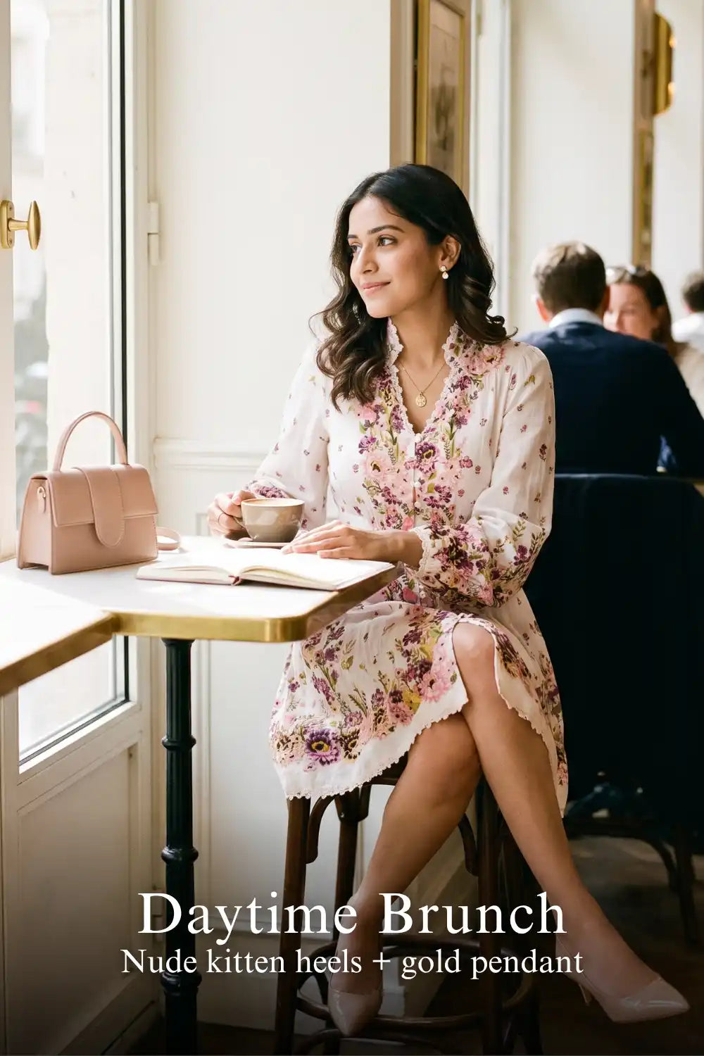 Woman in Pretty Pixie blush ivory floral button-front mini dress styled for a daytime brunch