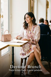 Woman in Pretty Pixie blush ivory floral button-front mini dress styled for a daytime brunch