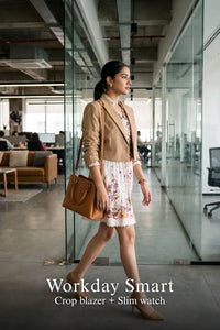 Woman in Pretty Pixie blush ivory floral button-front mini dress styled for a workday smart