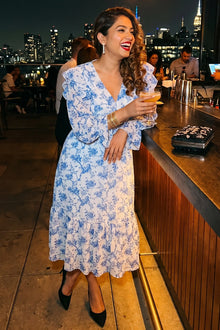 Light Blue Toile Floral Ruffle V-Neck Midi Dress