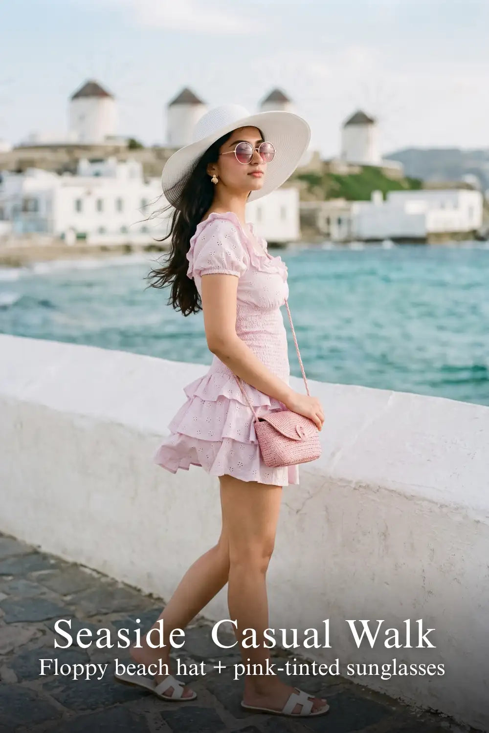 Pretty Pixie lilac eyelet ruffle mini dress for seaside casual walk.
