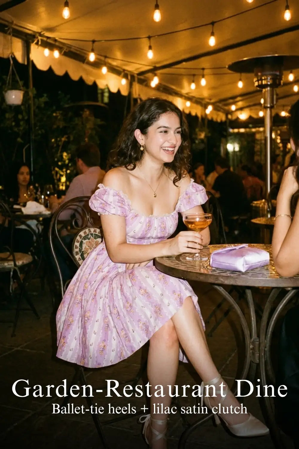 Pretty Pixie lilac puff-sleeve floral stripe dress for garden restaurant dine.