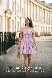 Pretty Pixie lilac puff-sleeve floral stripe mini dress for casual city outing.