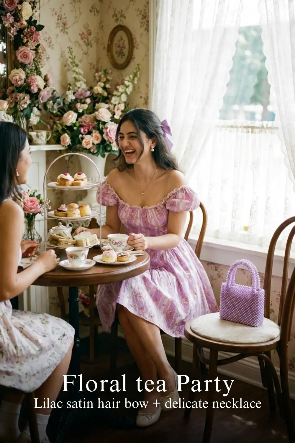 Pretty Pixie lilac puff-sleeve floral stripe mini dress for floral tea party.