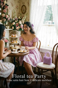 Pretty Pixie lilac puff-sleeve floral stripe mini dress for floral tea party.