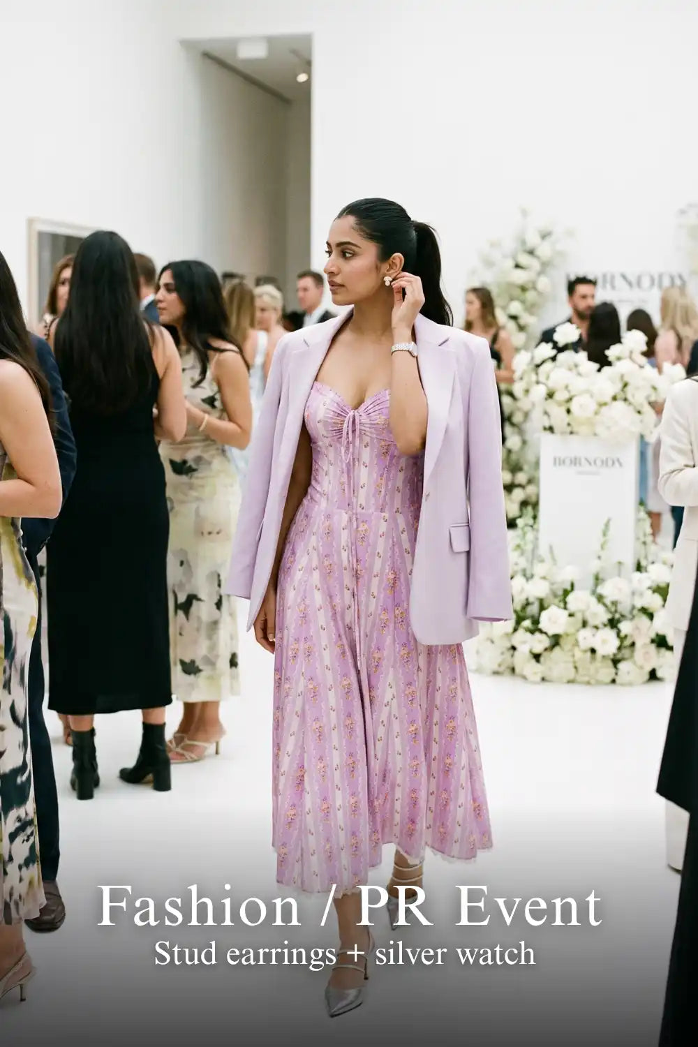 Pretty Pixie lilac floral stripe bustier midi dress for fashion pr event.