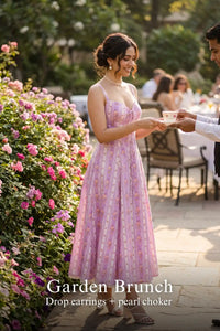 Pretty Pixie lilac floral stripe bustier midi dress for garden brunch.