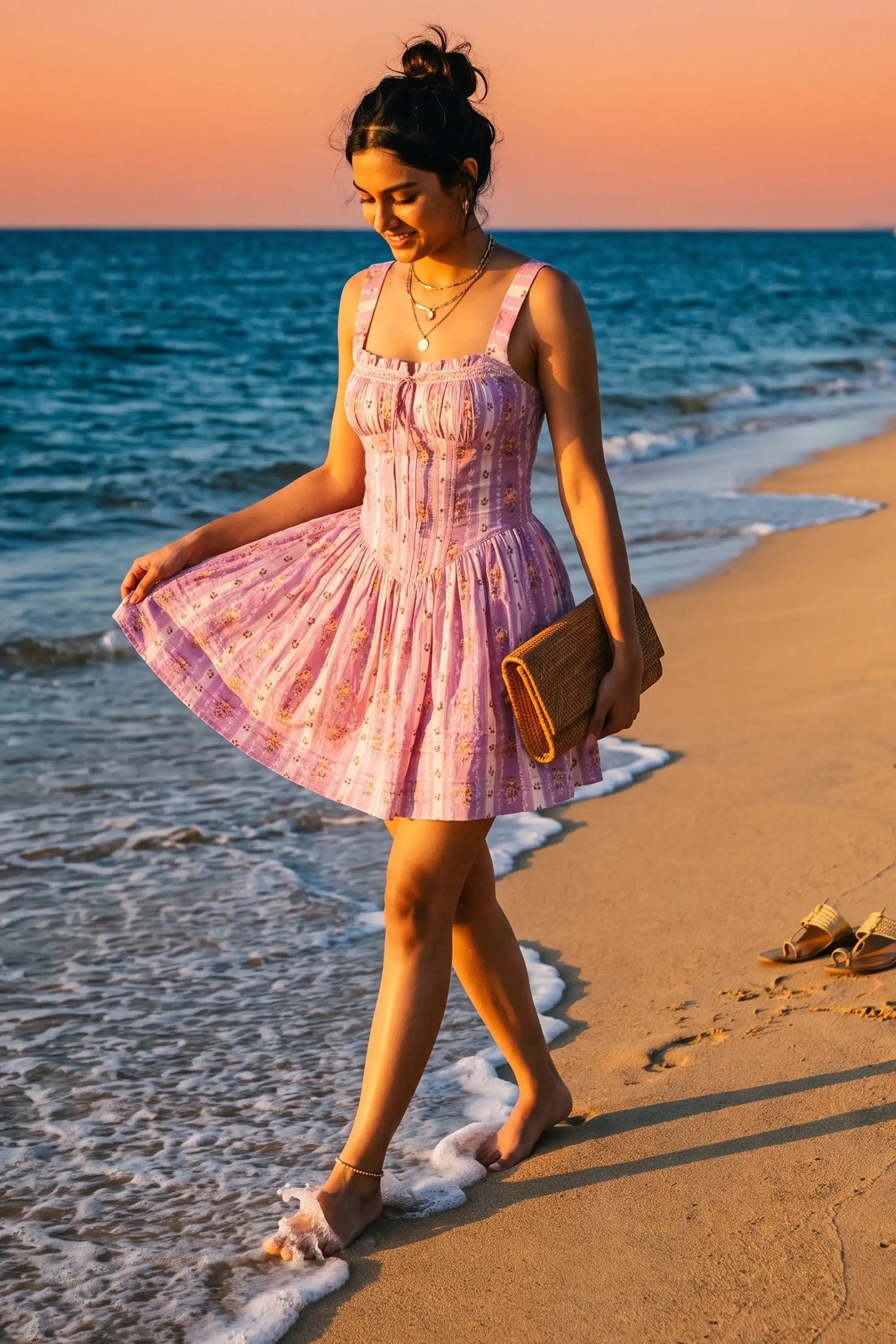 Lilac Floral Stripe Mini Dress for Women